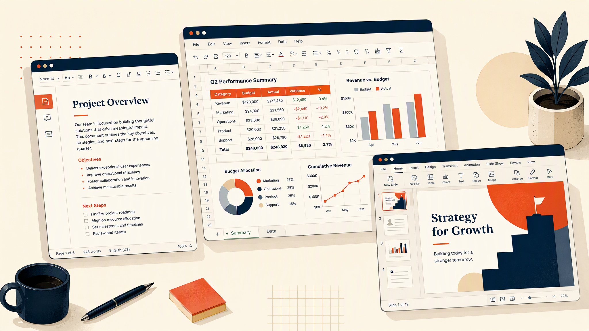 WPS Office 一体化办公套件界面示意:文字、表格、演示与 PDF 四合一工作区